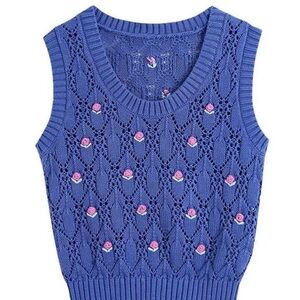 Zara Vest Knit Floral Embroidered Crochet Sweater Cottagecore 100% Cotton